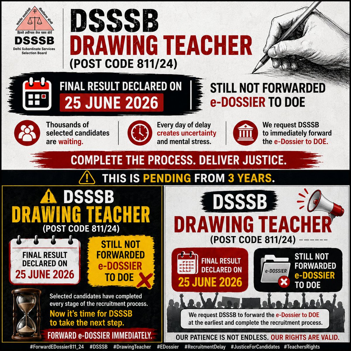 penciart1's tweet photo. @CMODelhi 
@LtGovDelhi 
@dsssbofficial 
@ItGovt 
25 June 2026: Final Result ✅
e-Dossier to DOE: Still Pending ❌
Selected candidates deserve timely action. Please forward the e-Dossier immediately. #DSSSB #ForwardEDossier #DrawingTeacher https://t.co/pcLmmmlxQF