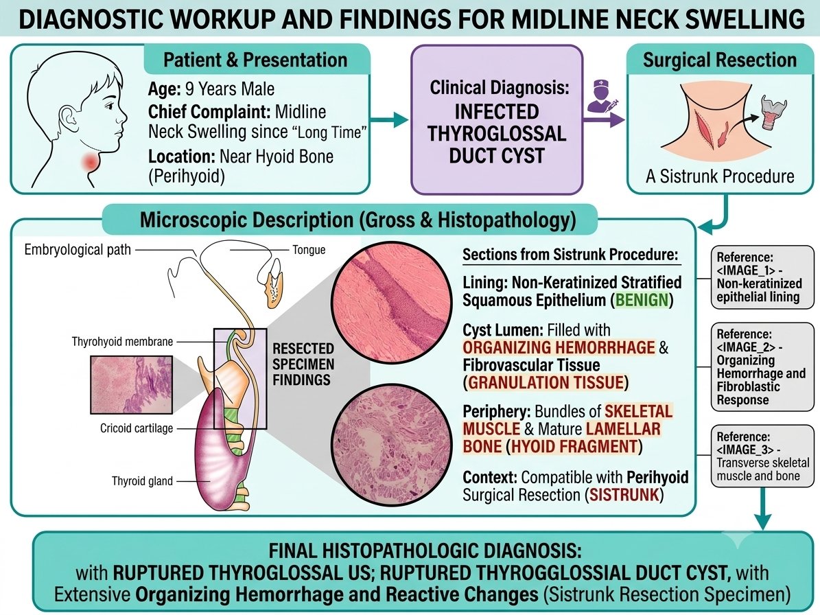 dr_vais's tweet photo. HISTOPATHOLOGY CASE :-
A 9-year-old male with a long-standing midline neck swelling near the hyoid bone underwent a successful Sistrunk procedure. https://t.co/HIN7y1a4km