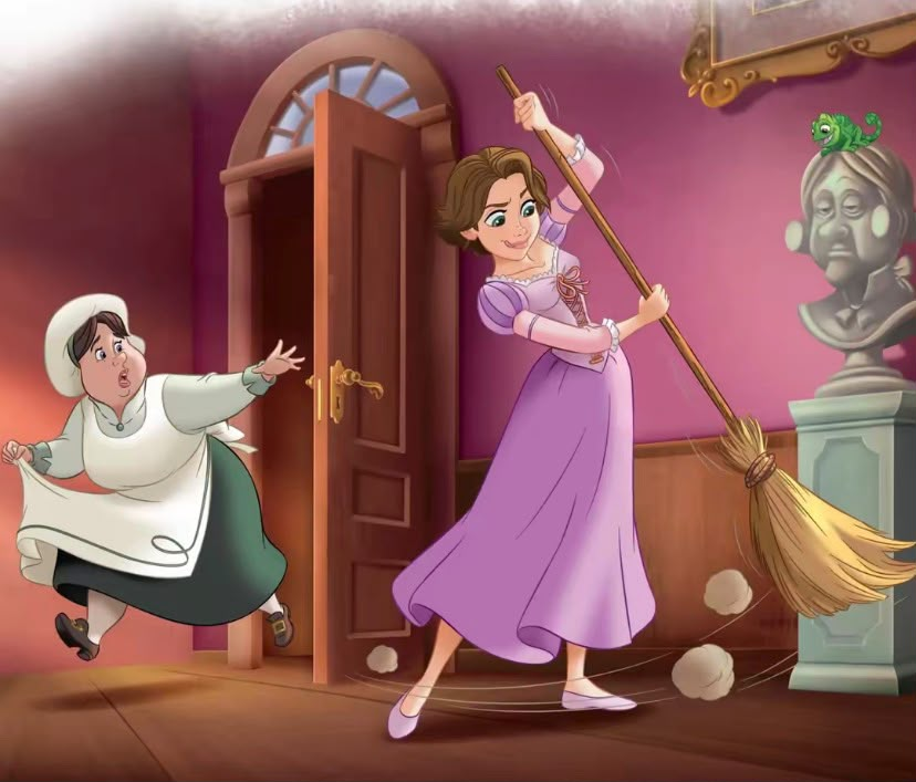 reminiscinbby's tweet photo. you can take the girl out of the tower but you can't stop her from aggressively sweeping the palace floors and painting the royal walls 😭 https://t.co/ZnWX4FPPaz