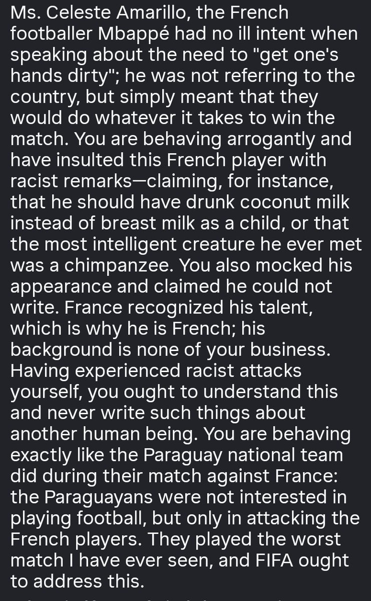 FnTravis70428's tweet photo. @CelesteSenadora I don't want things like that happening in the world, so please, just let it go; you might have been upset, but you went too far with that comment. The French players were furious during the match against Paraguay—just like the rest of the world https://t.co/yaMDtoitQt