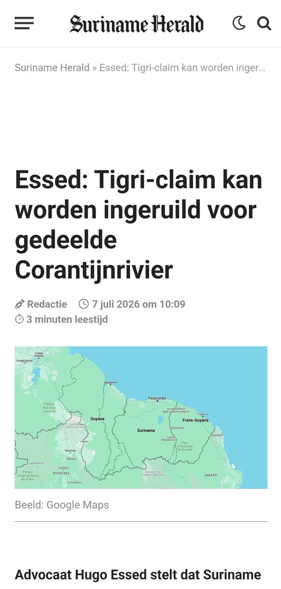 AntroCanal's tweet photo. ¿Un intercambio de soberanía entre Guyana y Surinam? 🌍 El debate territorial en la región se reactiva y el abogado surinames Hugo Essed pone una propuesta audaz sobre la mesa que redefine las fronteras en el Caribe y Suramérica. #7Jul 
​
​El diferendo entre Surinam y Guyana ha vuelto a encenderse debido a las negociaciones para financiar el futuro puente binacional. Ante esto, Essed sugiere una solución práctica:

​Que Guyana renuncie formalmente a su reclamo y desaloje la región de Tigri (ocupada militarmente por Guyana desde 1969).

​A cambio, Surinam cedería la co-soberanía del Río Courantyne, moviendo la frontera internacional al medio de la corriente (actualmente, todo el río pertenece a Surinam).

​🔍 Dos Reclamaciones frente a Guyana: ¿En qué se diferencian?

​El caso de Tigri comparte el tablero geopolítico con la Guayana Esequiba, pero sus dimensiones y bases jurídicas son muy distintas:

​Mientras Surinam y Guyana discuten viejas delimitaciones de ríos coloniales, el reclamo de Venezuela se fundamenta en la nulidad del fraude histórico del Laudo Arbitral de París de 1899.

​La disputa de Surinam busca salidas bilaterales prácticas. Por su parte, la posición venezolana se rige estrictamente por el Acuerdo de Ginebra de 1966, el único instrumento válido para alcanzar una solución satisfactoria, rechazando la judicialización unilateral en la CIJ.

​El Tigri abarca unos 15,000 km^2 de selva deshabitada. En contraste, la Guayana Esequiba representa 159,500 km^2 (casi el 75% del territorio que administra ilegalmente Guyana), una zona estratégica con una inmensa proyección marítima y riquezas naturales.

​El Tigri sufre una ocupación militar de facto por el ejército guayanés desde fines de los 60, mientras que el Esequibo se encuentra bajo administración de facto de Georgetown pero sujeto al litigio internacional.

​La diplomacia en el norte de Suramérica sigue moviéndose. ¿Qué opinas de esta propuesta de co-soberanía fluvial? 👇
​#Geopolítica #AméricaLatina #Surinam #Guyana #Esequibo #Venezuela #DerechoInternacional #MiMapa