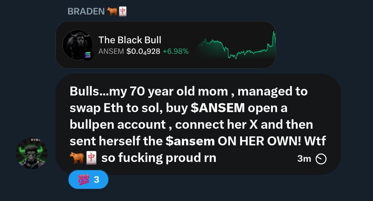 blockstargram's tweet photo. We just Onboarded a 70yr old Mom! 

This $ANSEM Bulliever in my group 70 year old mom was able to swap ETH for solana, buy $ANSEM , open a bullpen account herself and she sent the $ANSEM on her own to her bullpen acct!  😍 

This is what the bullrun looks like!
Are normies back? https://t.co/TxaeuPQwAr