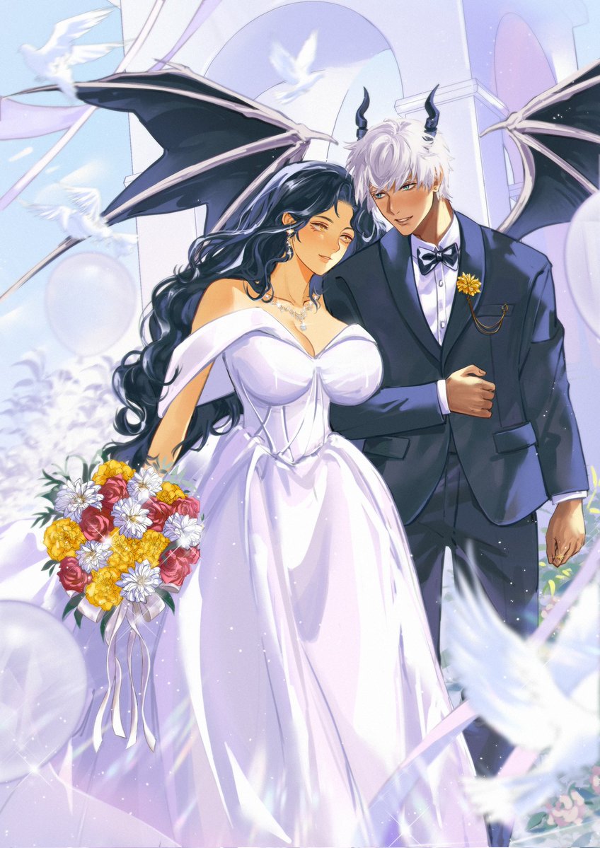 moritouko's tweet photo. 「Garden Wedding🕊💍」#MidnightCrow🌙🐦‍⬛

🖤💛— The garden was always a personal choice, and it was special, while in the Devildom they already married there first, it was important to have this wedding in the human world to celebrate both sides together.

#obeymeIDO
#obeymemammon https://t.co/cLtsctYgmE