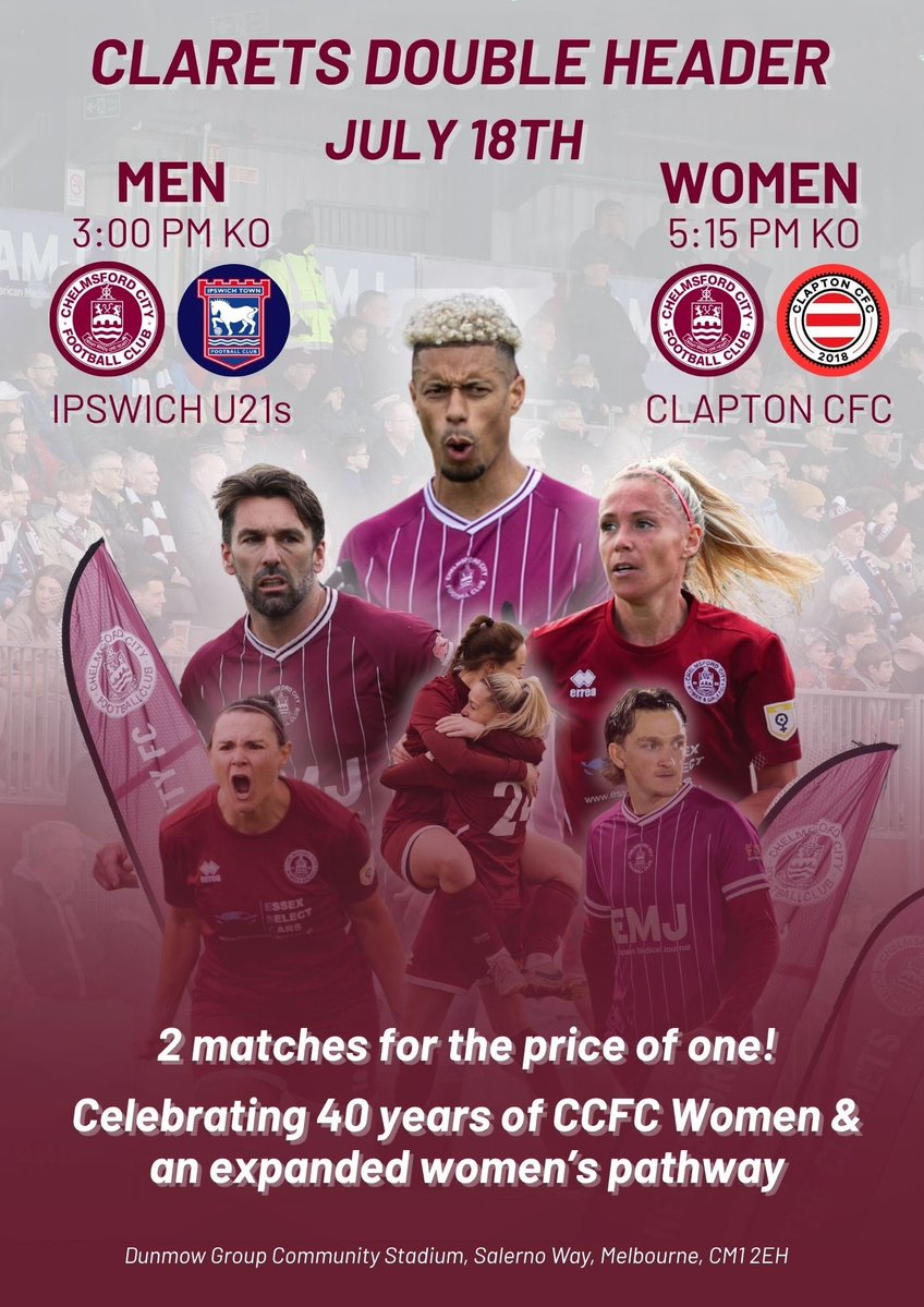 EssexCountyFA's tweet photo. Enjoy @OfficialClarets' Double Header on Saturday 18th July, plus free family fan experiences including a guard of honour, player mascots, penalties and meet-and-greets. Tickets from just £1! 🎟️ #NonLeagueFootball #EssexFootball https://t.co/snmJakWh7D