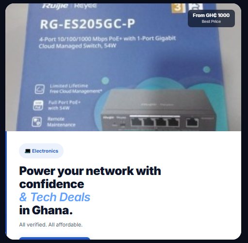 oxglow's tweet photo. Smarter networking starts here. Shop the RG-ES205GC-P Cloud Managed PoE Switch from trusted sellers, all in one place on Oxglow. 

Tap the link in our bio and keep your business connected.

#Ghana #Oxglow #Tech https://t.co/JD99K8yvzJ