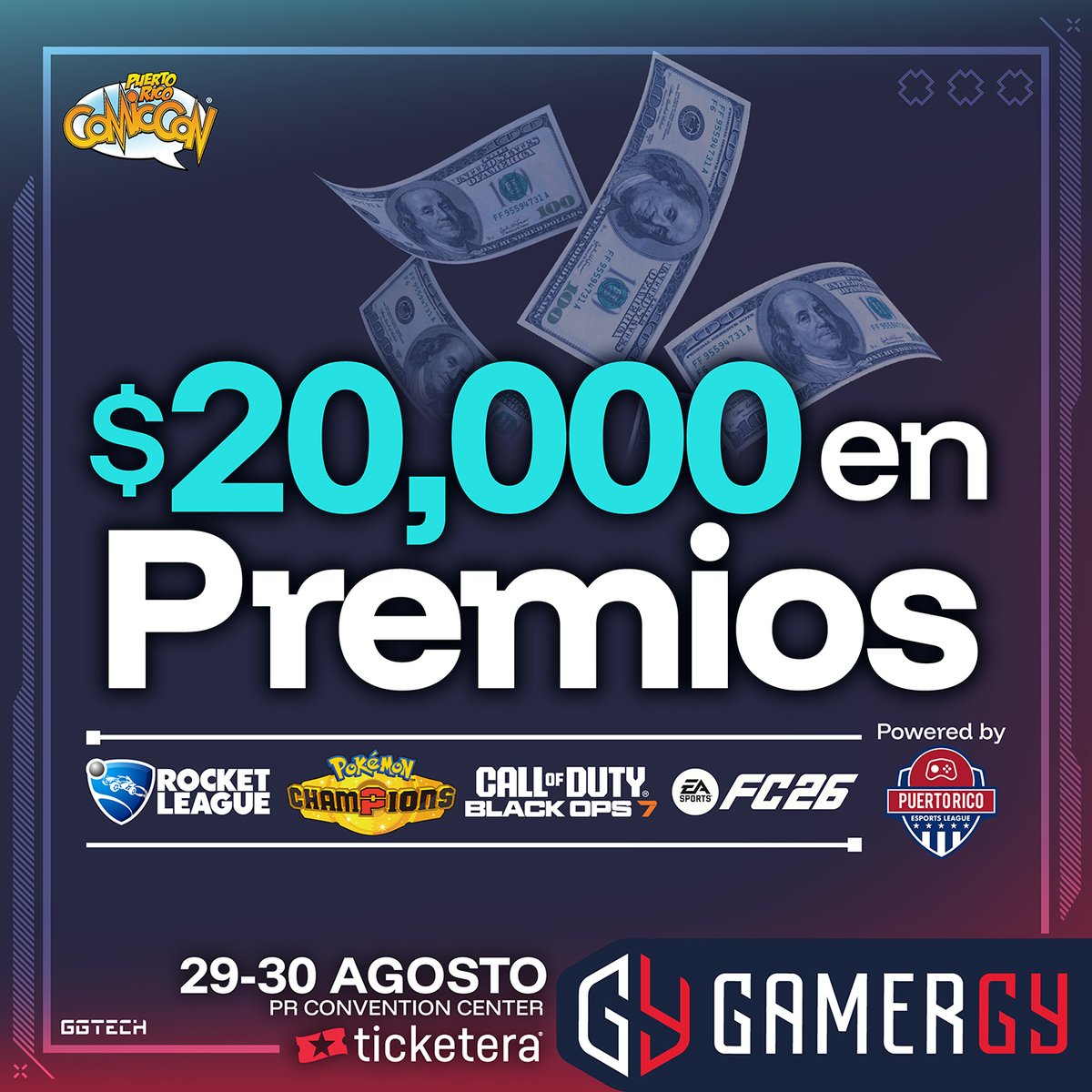 PRCOMICCON's tweet photo. 🎮 $20,000 en premios. 🏆 ¿Tienes lo que se necesita? ¡Demuéstralo! ✨

📅 29 y 30 de agosto 
📍 @PRConvention
🎟️ https://t.co/zv13QEW9Mq ¡Cantidades limitadas!

Llevas tiempo diciendo que eres el mejor de tu grupo. Que nadie te gana en Rocket League. Que eres imbatible en Pokémon. Que en Call of Duty no hay quien te pare. Que en FC 26 eres intocable. 🏆🚀🃏💥⚽

Llegó la hora de probarlo. No en tu casa. No en un chat. En GAMERGY ¡frente a todo Puerto Rico!

Compite en:
⚽ FC 26
🃏 Pokémon Champions 
💥 Call of Duty Black Ops 
🚀 Rocket League 

¡Regístrate aquí!
🔥 https://t.co/9JTAmUQPHS
📋 Y lo mejor: el registro está incluido con tu boleto del evento. ¡Cero inscripción adicional! 💜

Y si los torneos no son lo tuyo, GAMERGY tiene mucho más: 
🕹️ Free play sin parar
 🎭 Cosplay de otro nivel 
🎲 D&D y RPGs para los aventureros 
🪄 Warhammer y miniaturas 
🎴 TCG y table top
🛍️ Exhibidores con piezas únicas 
👨‍👩‍👧 Ambiente familiar para todos

GAMERGYPR es mucho más que gaming: es donde los campeones nacen, los que se atreven. Es el evento donde tú le puedes demostrar tus habilidades a todo Puerto Rico. 🇵🇷🎮

¡El torneo te llama, Geekrican! 🏆🆙