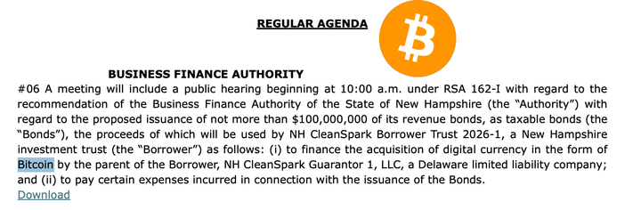 BitcoinMagazine's tweet photo. JUST IN: 🇺🇸 New Hampshire Governor &amp; Executive Council to hold a hearing tomorrow on establishing a Bitcoin-backed $100 million municipal bond 👀 https://t.co/OcUnL1NQVv