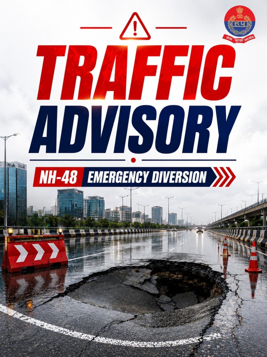 TrafficGGM's tweet photo. ⚠️ TRAFFIC ADVISORY: NH-48
Heavy rain caved in the main carriageway near Narsinghpur (Delhi to Jaipur). Diversions:
1. Rajiv Chowk: left onto SPR Road
2. Hero Honda Chowk: left to SPR Road
3. From Delhi: Dwarka Expressway
📞 112 | 1095
#TrafficAdvisory #NH48 https://t.co/sFDSvRl7Rg