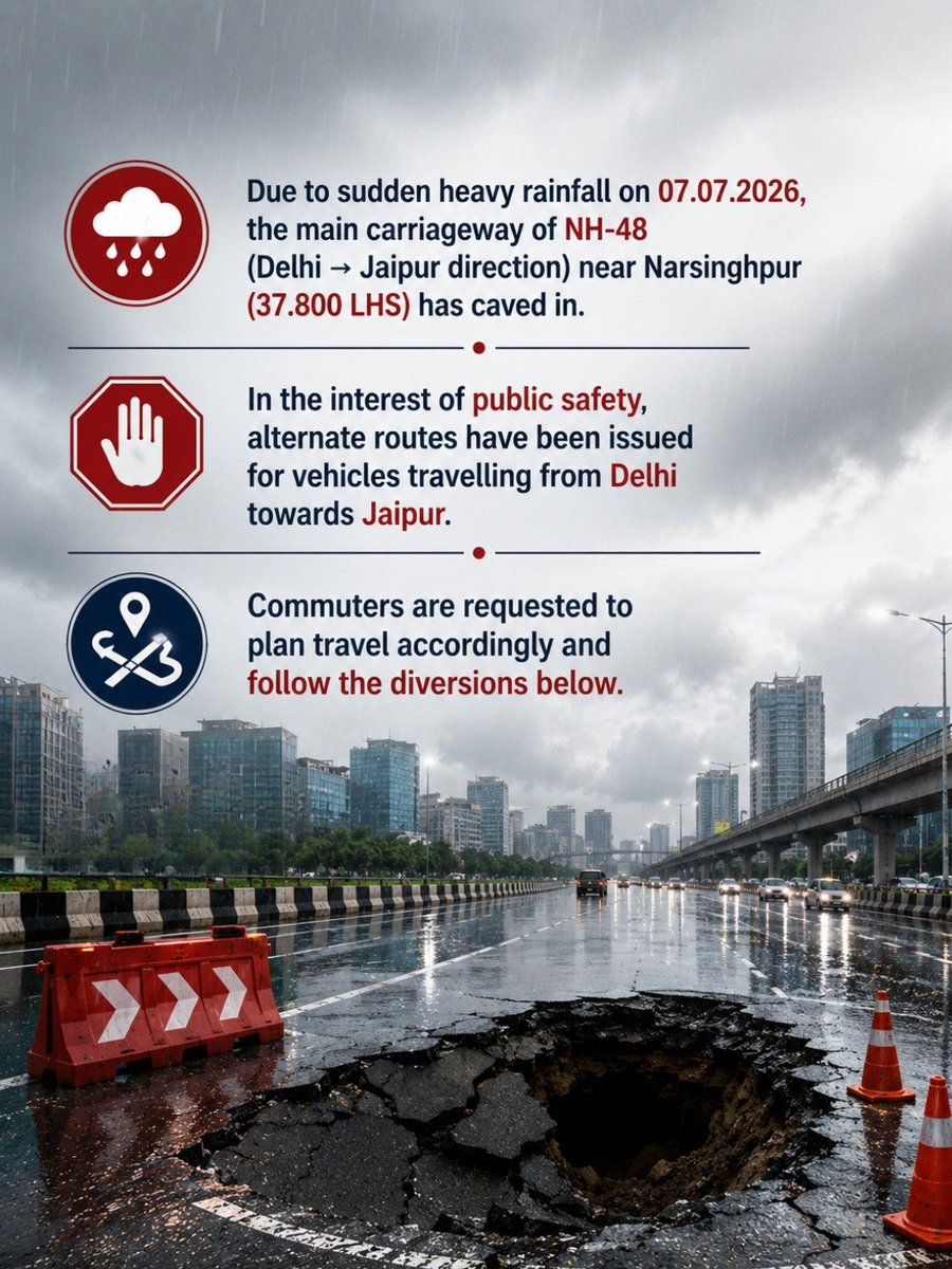 TrafficGGM's tweet photo. ⚠️ TRAFFIC ADVISORY: NH-48
Heavy rain caved in the main carriageway near Narsinghpur (Delhi to Jaipur). Diversions:
1. Rajiv Chowk: left onto SPR Road
2. Hero Honda Chowk: left to SPR Road
3. From Delhi: Dwarka Expressway
📞 112 | 1095
#TrafficAdvisory #NH48 https://t.co/sFDSvRl7Rg