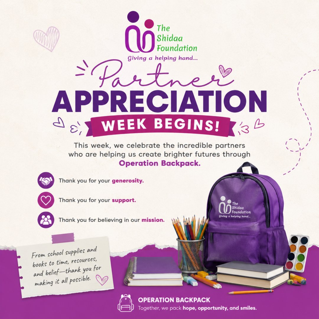 Shidaa_Fdn's tweet photo. 💜 Partner Appreciation Week Starts Today! 🎉

This week, we're celebrating the incredible partners who helped make Operation Backpack 2026 possible.

From school supplies and in-kind donations to food, logistics, printing, and so much more your generosity is making a real difference in the lives of children.

Stay tuned as we thank each of our amazing partners throughout the week. 💜🎒

#PartnerAppreciationWeek #OperationBackpack2026 #ShidaaFoundation #ThankYou #CommunityPartners