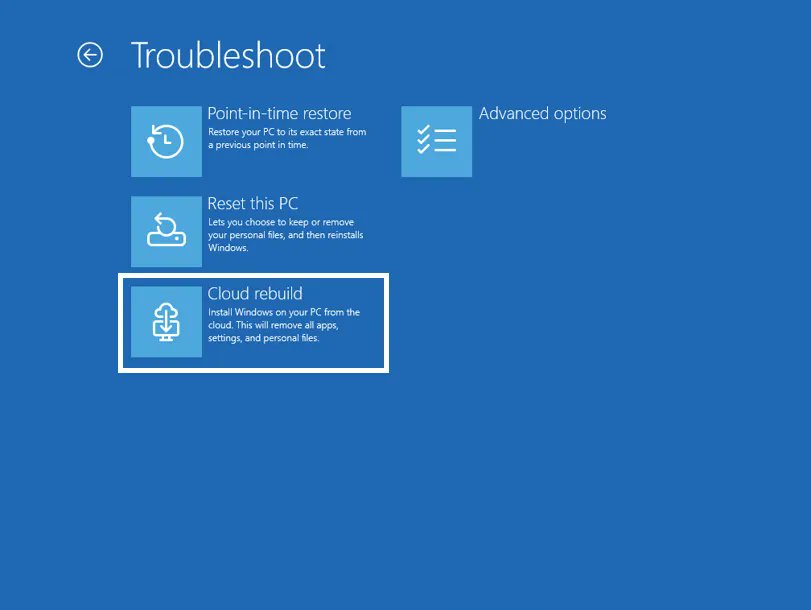 Pirat_Nation's tweet photo. Microsoft is working on a new Windows 11 recovery feature called Cloud Rebuild that makes it easier to recover a PC that won’t boot.

Instead of creating a USB installer, you can reinstall Windows and all required drivers directly from the cloud. 
The feature downloads a fresh copy of Windows and the correct drivers, then performs a clean installation.

Unlike Reset this PC, Cloud Rebuild doesn’t keep your apps, files, or settings, it’s designed for cases where Windows is too damaged to repair normally.