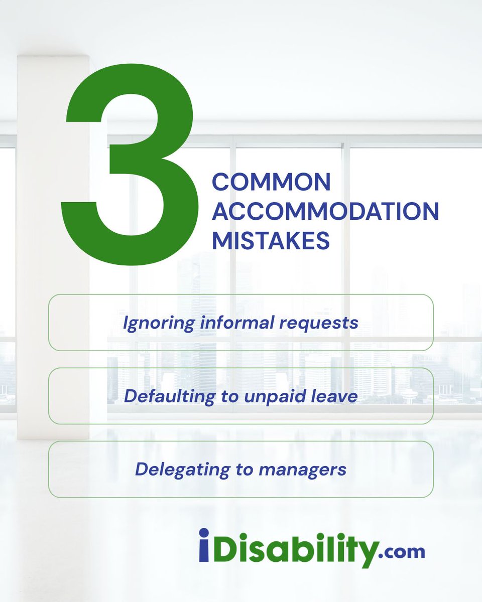 iDisability15's tweet photo. Avoid these accommodation mistakes with iDisability. #AccommodationTips

Image: 3 Common Accommodation Mistakes: Ignoring informal requests, Defaulting to unpaid leave, and delegating to managers. iDisability logo https://t.co/VPelrS3W2m