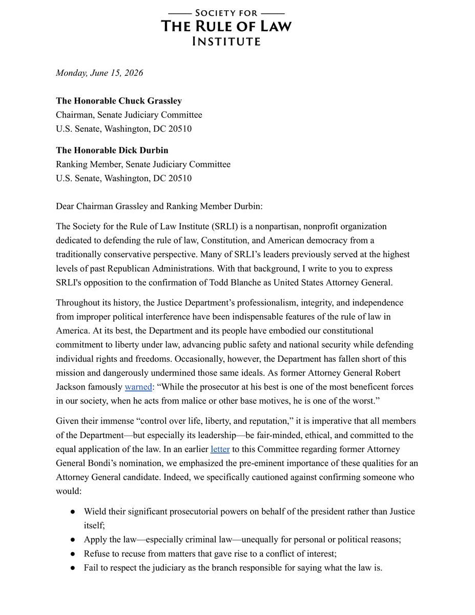 JudiciaryDems's tweet photo. Conservative and libertarian lawyers are coming out against Todd Blanche.

He played a huge role in the $1.776 billion MAGA slush fund proposal.

He signed off on Trump’s immunity from IRS scrutiny.

He spearheaded targeted prosecutions into Trump’s political "enemies."

CORRUPT. https://t.co/4DZYCfmCWx