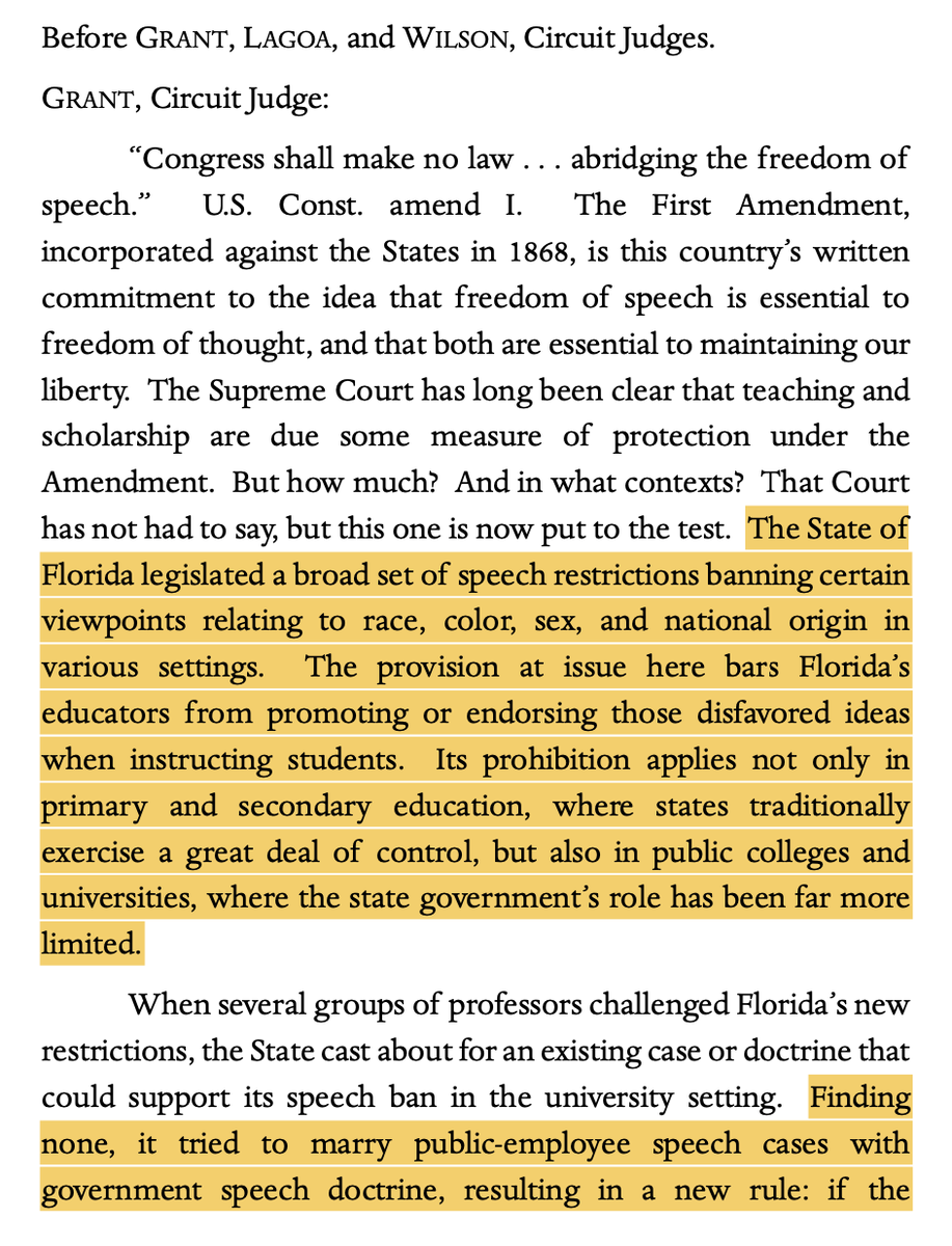 chrisgeidner's tweet photo. BREAKING: Eleventh Circuit, on a 2-1 vote, upholds injunction blocking Florida from enforcing its 2022 Stop WOKE Act in the university context. The majority opinion is from Judge Britt Grant, a Trump appointee: https://t.co/u4w8lYkWjT https://t.co/2STflT3tJx