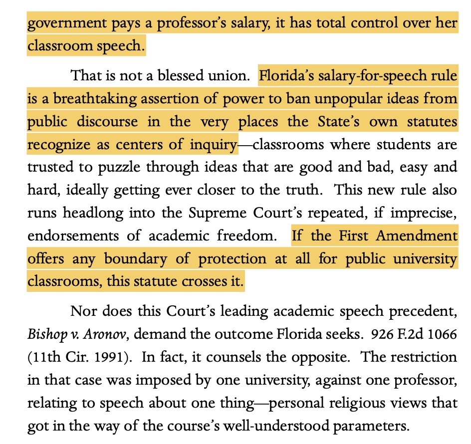 chrisgeidner's tweet photo. BREAKING: Eleventh Circuit, on a 2-1 vote, upholds injunction blocking Florida from enforcing its 2022 Stop WOKE Act in the university context. The majority opinion is from Judge Britt Grant, a Trump appointee: https://t.co/u4w8lYkWjT https://t.co/2STflT3tJx