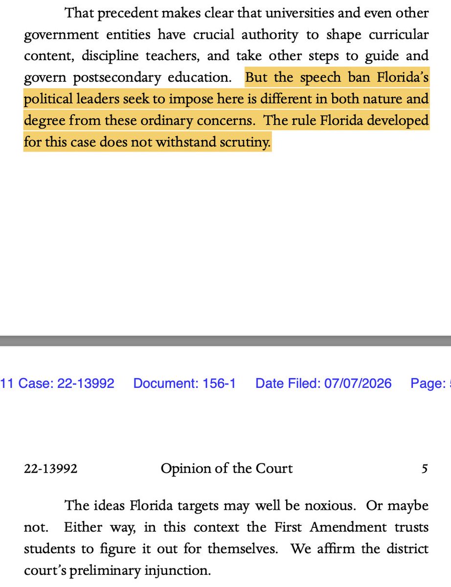 chrisgeidner's tweet photo. BREAKING: Eleventh Circuit, on a 2-1 vote, upholds injunction blocking Florida from enforcing its 2022 Stop WOKE Act in the university context. The majority opinion is from Judge Britt Grant, a Trump appointee: https://t.co/u4w8lYkWjT https://t.co/2STflT3tJx