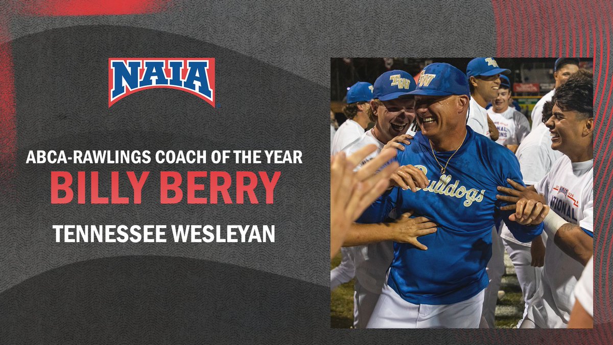 NAIA's tweet photo. ⚾️

Introducing the ABCA-Rawlings Coach of the Year...🥁

Billy Berry (@twbulldogs) receives the recognition following the Bulldogs' World Series title in Lewiston‼️

#NAIABaseball | #TheRightWayToPlay https://t.co/zg5p1BloT3