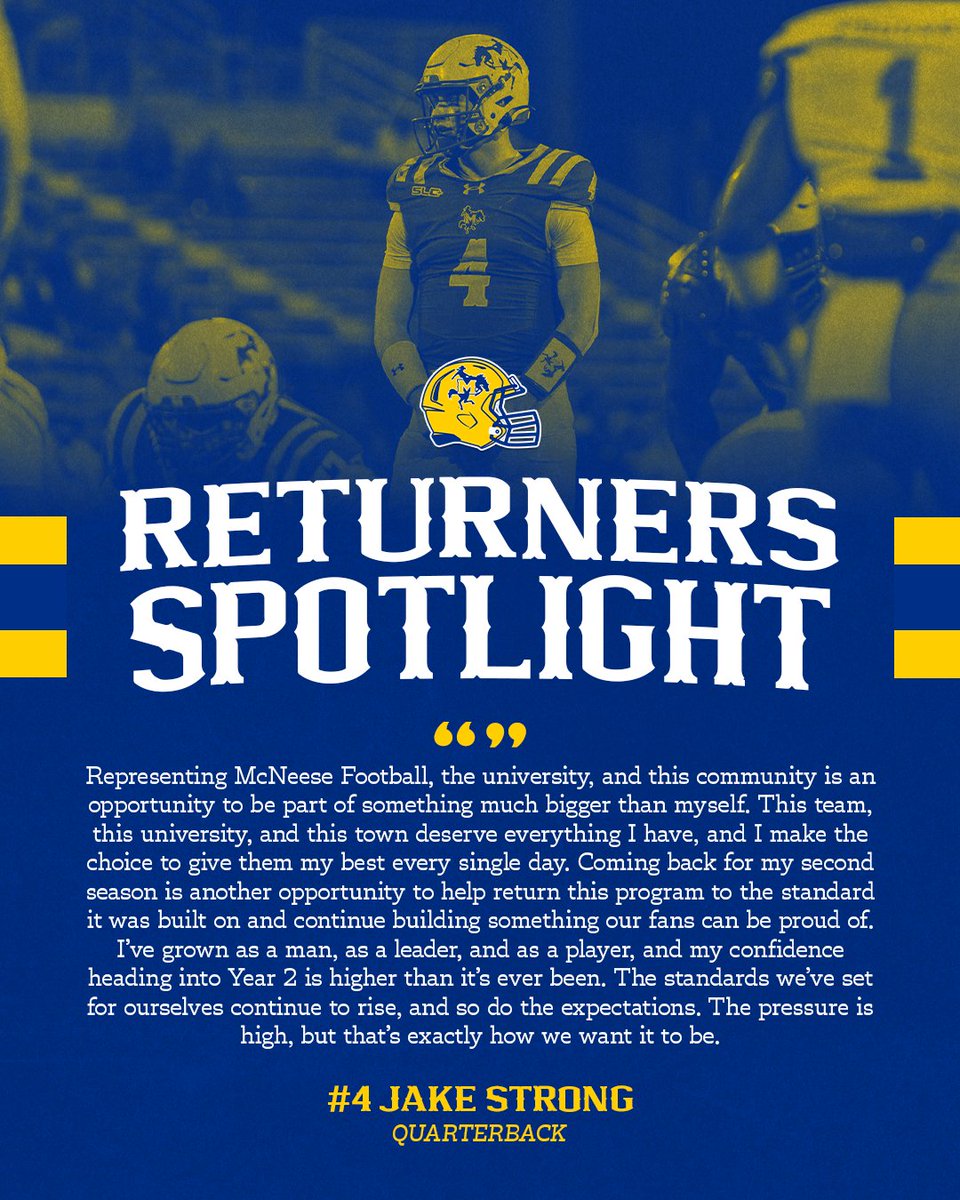 McNeeseFB's tweet photo. Returners Spotlight: Jake Strong 🏈

The Cowboys bring back experience at quarterback with Jake Strong returning for 2026.

#GeauxPokes https://t.co/n1WxRJnQvw