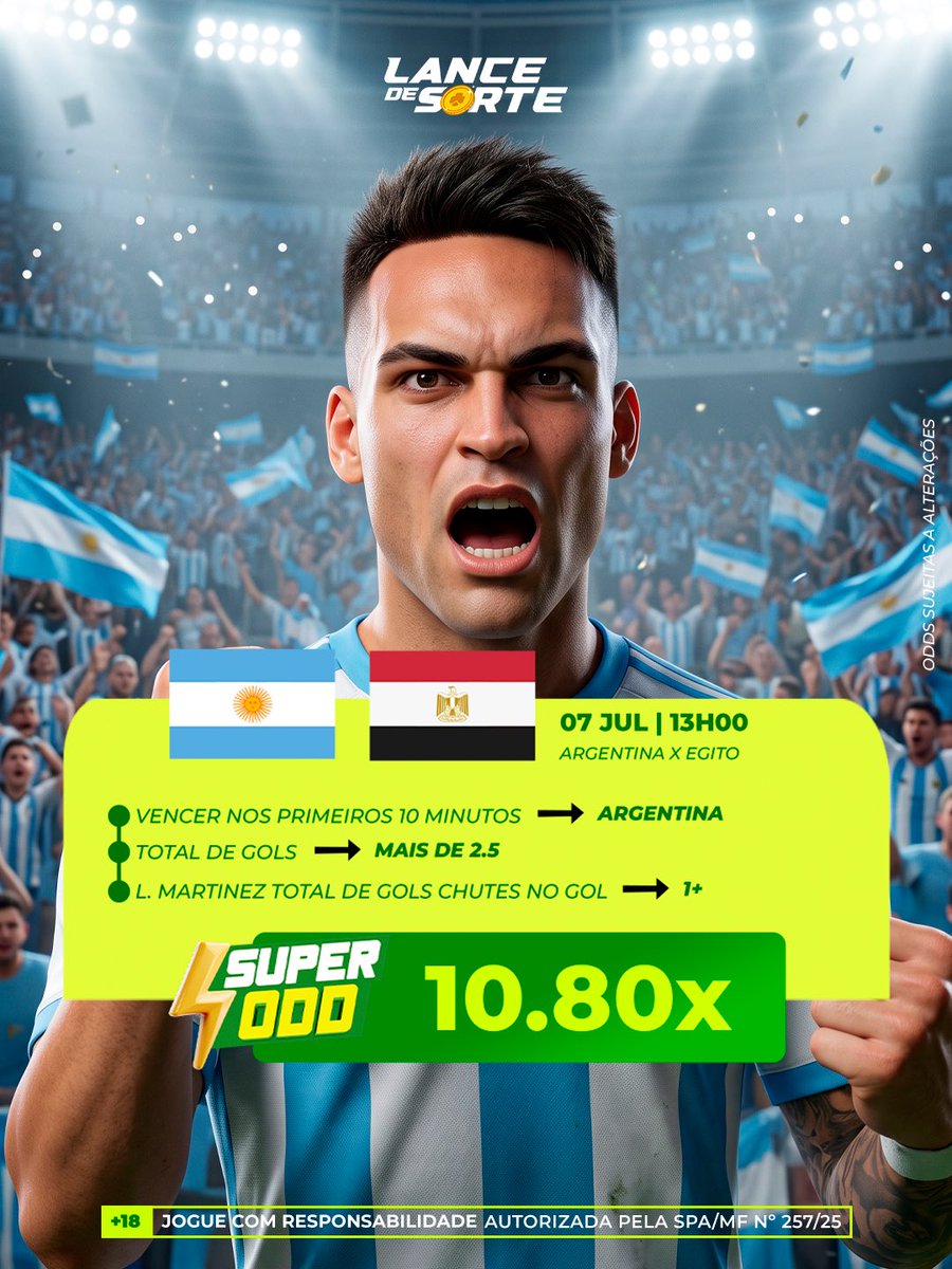 Lancedesortebet's tweet photo. 🇦🇷 x 🇪🇬 
Hoje a atual campeã entra em campo pra buscar a classificação contra o Egito! 🔥 

Se liga na SuperOdd que a Lance preparou pra você se divertir ⚡️ 

Acesse https://t.co/Y3CU3iV3dY e jogue com responsabilidade. https://t.co/L8rJAD0DVQ