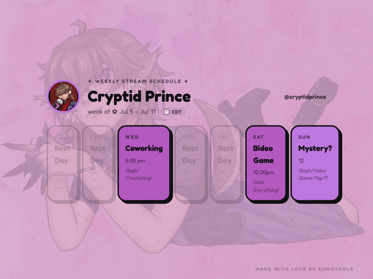 PrinceSuzuya's tweet photo. Woag A schedule!! 🐾👑
Art: #CryptidGallery
Live: #CryptidPrince https://t.co/reVnhWVrH6