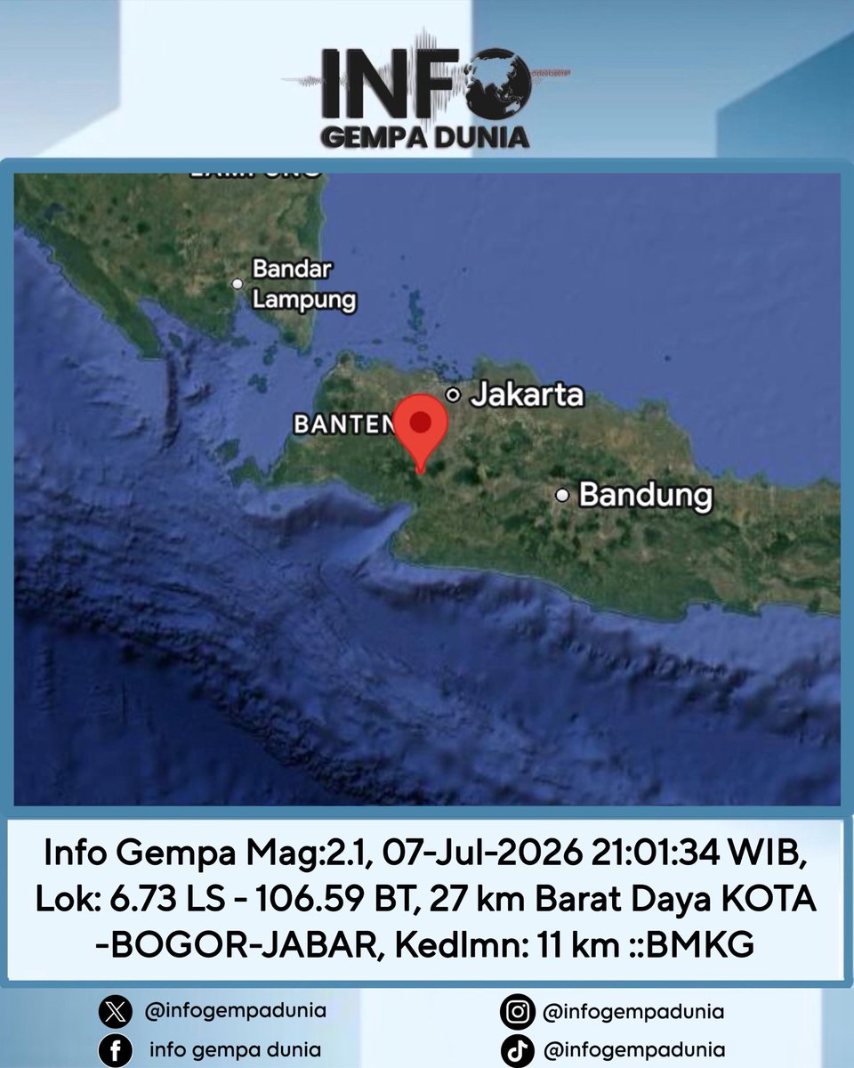 infogempadunia's tweet photo. Info Gempa Mag:2.1, 07-Jul-2026 21:01:34 WIB, Lok: 6.73 LS - 106.59 BT, 27 km Barat Daya KOTA-BOGOR-JABAR, Kedlmn: 11 km ::BMKG https://t.co/h8pbD2E4Uf