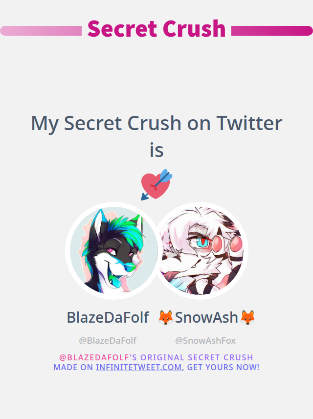 BlazeDaFolf's tweet photo. My Secret Crush on Twitter is @SnowAshFox

➡️ infinitetweet[dot]me/secret-crush https://t.co/Zsf1wT0pjB
