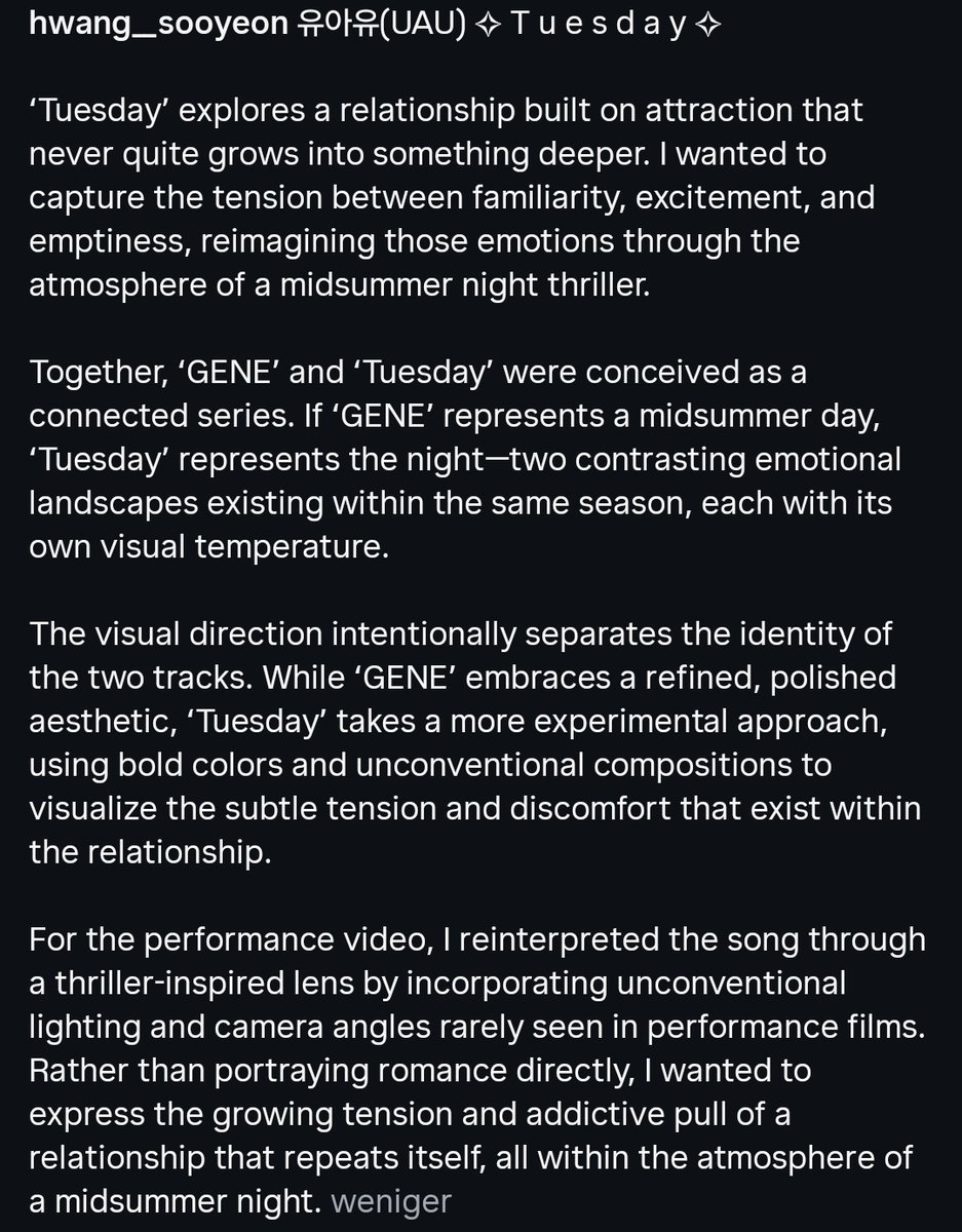 maggiefixx's tweet photo. sooyeon shares the creative vision behind tuesday in her latest instagram post explaining the song's themes and its connection to GENE. you can really see how much thought and heart she put into every artistic choice 🥹

https://t.co/aYQJJcXxZW https://t.co/69xuRqYV6A