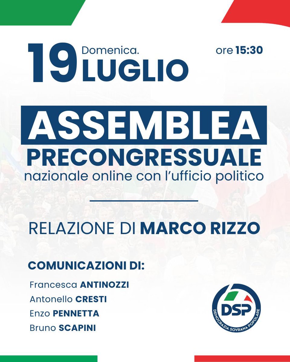 MarcoRizzo1959's tweet photo. L’ufficio politico, il coordinatore Marco Rizzo, il rappresentante legale Antonello Cresti ricordano l’assemblea nazionale online degli iscritti domenica 19 luglio alle ore 15:30. L’iscritto che non avesse ricevuto il link lo faccia sapere. https://t.co/Nz4PcfIdXK