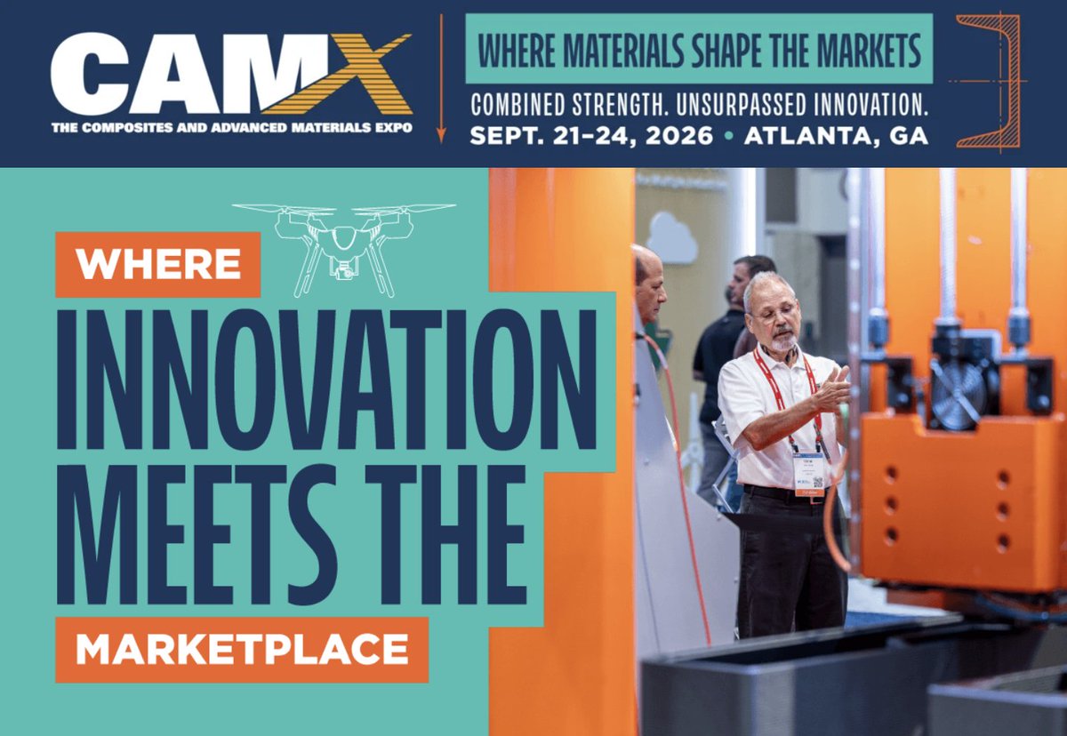 the_CAMX's tweet photo. Launch new materials, manufacturing technologies, equipment, and services at CAMX 2026 and connect with the engineers, OEMs, manufacturers, and decision-makers driving the future of composites and advanced materials.

📍 Reserve your booth today >> https://t.co/LpIclU3nmn https://t.co/y4ZsPN6uvL