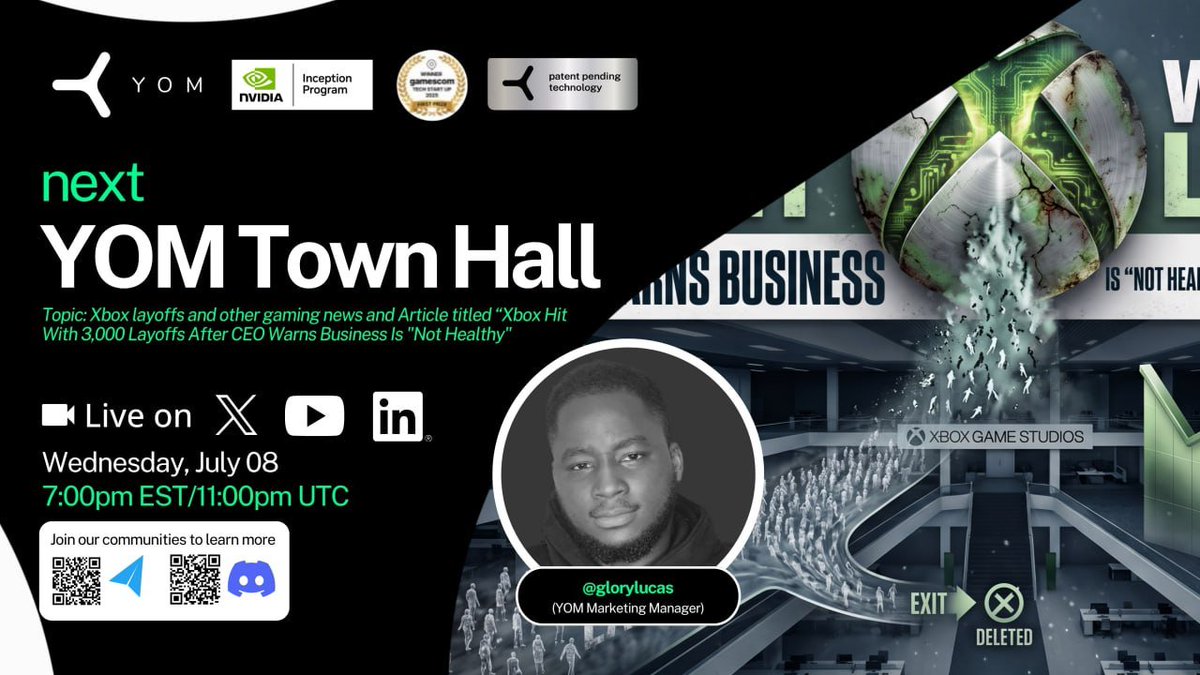 YOM_Official's tweet photo. YOM Town Hall Episode 80 is TOMORROW! 🦍

Special guest: @Onebilliondream (YOM Marketing Manager) 🎙️

Topics:
Xbox hit with 3,000 layoffs after CEO warns business is "Not Healthy"
Other major gaming news
What this means for the future of decentralized gaming

📅 Wednesday, July 08
⏰ 7:00PM EST / 11:00PM UTC
📺 Live on X, YouTube & LinkedIn

Don't miss it! 👇