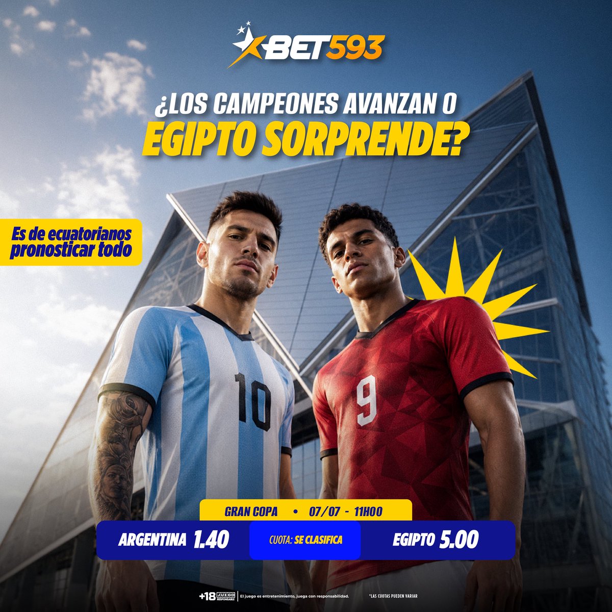 bet593's tweet photo. ¡Frialdad táctica en la Gran Copa! 🇦🇷🔥🇪🇬

Argentina impone jerarquía ante la velocidad de Egipto. Arma tu jugada, busca el batacazo o el favorito, y factura. Demuestre su nivel, ¡porque es de ECUATORIANOS pronosticar TODO! 💥💸👇

Pronostica en Bet593.

#Bet593 #GanoConBet593 https://t.co/LquqTX6bcj