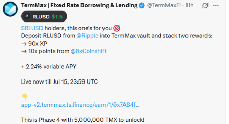 NatashaDal19117's tweet photo. La phase 4 est lancée ! Nous avons déjà franchi le cap des 20 millions de dollars, débloquant ainsi avec succès les récompenses en $TMX. Celles-ci pourront être réclamées après le TGE.
Continuez à participer : déposez des fonds pour cumuler des points pour les deux projets ! https://t.co/kx8Sr075Gt