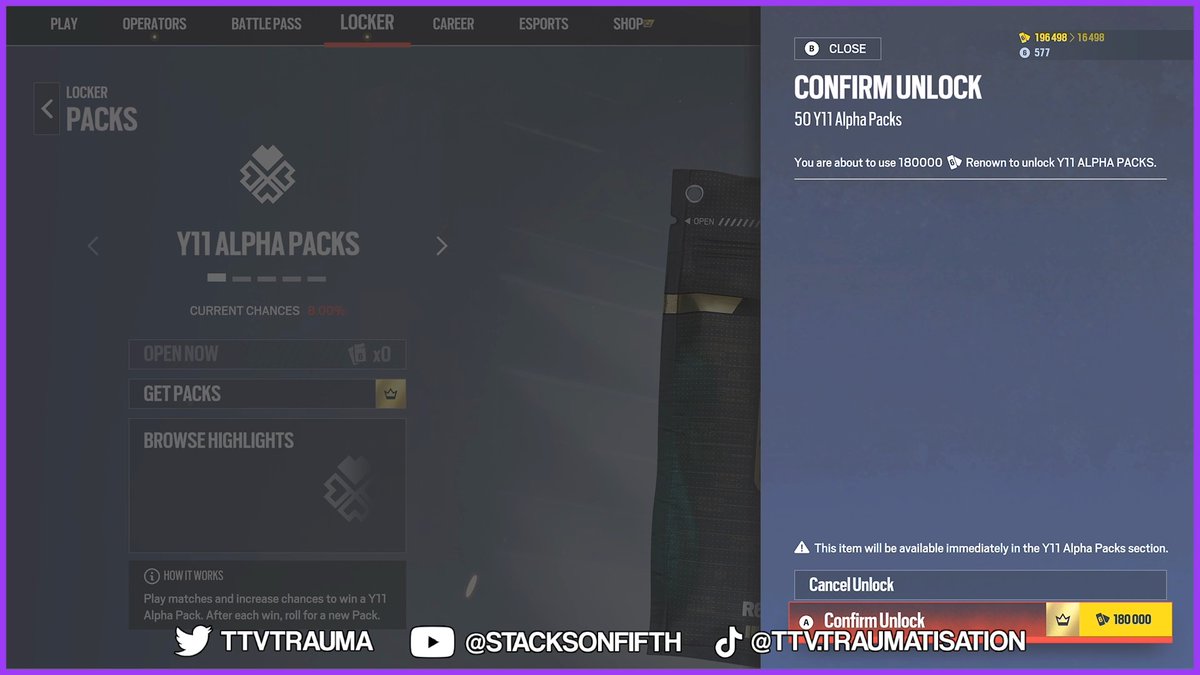 TTVTrauma's tweet photo. Finally opening everything I've been saving...

🎁 Battle Pass Rewards
📦 50 Alpha Packs
Which one are you watching first? 👀

#RainbowSixSiege #R6 https://t.co/rBLsfmXAEr
