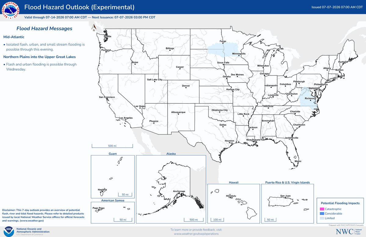 nwsnwc's tweet photo. The National Water Center has issued the morning National Flood Hazard Outlook, valid through 7:00 AM CDT on Tuesday, July 14, 2026. More information is available at: https://t.co/xk3nxoAb1D #flooding https://t.co/wVZ5udWA9u