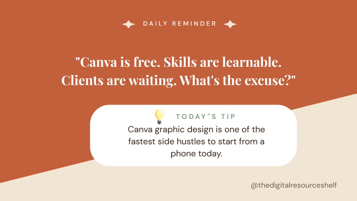 _digitalshelf's tweet photo. Canva is free. Skills are learnable. Clients are waiting. 🎨

Small businesses need designs. You can provide them.

What's the excuse?

#canva #sidehustle #graphicdesign #makemoneyonline https://t.co/07qkfYHMpO