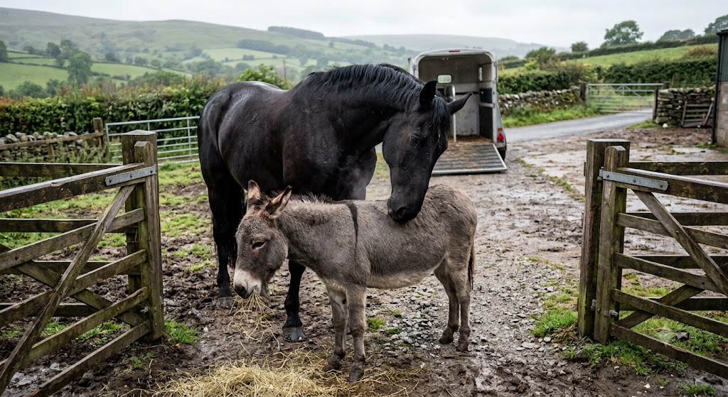 SamaHoole's tweet photo. They took Nelson out of the field on Monday for a foot trim, and Hector, who once stood behind a gun carriage through a nation's grief without moving a muscle, came apart at a gate over a donkey being gone for forty minutes.

You would not predict it from looking at them. Hector is a Cavalry Black, near seventeen hands, seventeen years in the Household Cavalry, trained across all of them to master the one instinct every horse is built around, which is to run. He stood through the massed bands and the saluting guns and the pressing crowds of State occasions, holding the line while every nerve told him to bolt. Nelson is a small grey donkey a third his size who has never once in his life considered bolting from anything.

And Nelson is entirely in charge. He eats first, he picks the dry spot, and he decides when they move. The great black charger who carried the weight of the state defers, with enormous patience, to a donkey with firm views on rain.

So the farrier's assistant led Nelson down the lane at half past nine, and Hector discovered, as he does every single time and never learns, that his herd was one unbothered donkey and his herd had left the field.

He called. Not the polite nicker he keeps for his old groom. The full thing, the great cracked bugle of a horse who has decided the world is ending, flung down an empty Denbighshire lane over and over. He went to the gate and pushed his chest against it and called, and trotted the fence line and called, and stood in the wet he normally ignores, because Nelson is the one who minds the wet and Nelson was not there to mind it for him.

Forty minutes. The composed old soldier, the horse that fears nothing that comes with a rule, undone completely by the one thing that has none, which is the absence of a friend.

Then the trailer came back up the lane, and the ramp went down, and out walked Nelson, entirely composed, mildly put out by the whole excursion, treating the reunion as beneath comment. He did not call back. He went straight to the good hay, which had been sitting unguarded the whole time and was the only thing about the morning that had genuinely interested him.

Hector put his enormous head down over the little grey back and breathed, and the shaking went out of him, and the field was a field again.

The horse who stood through everything cannot stand one thing. His donkey walking out of sight. It is the least military weakness imaginable, and he has earned the right to it, and Nelson, chewing, has never once acknowledged that he is the whole reason a war horse sleeps at night.