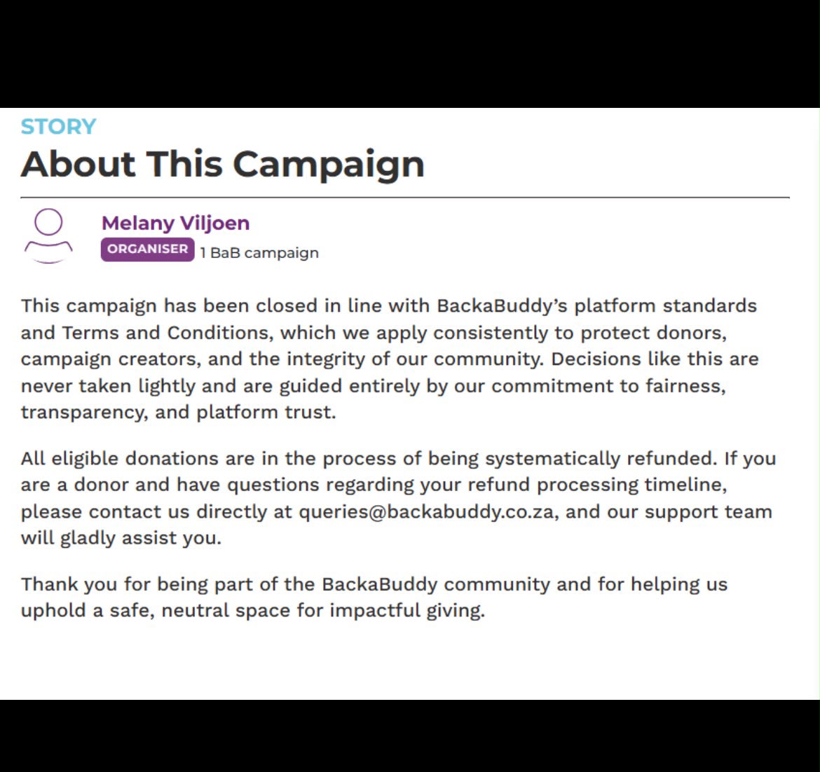 Sli_Masikane's tweet photo. [UPDATE] BackABuddy shuts down the campaign.....

Donors will be refunded....

#MelViljoen 
#PeetViljoen
#eNCA https://t.co/yQucCCOQ6r