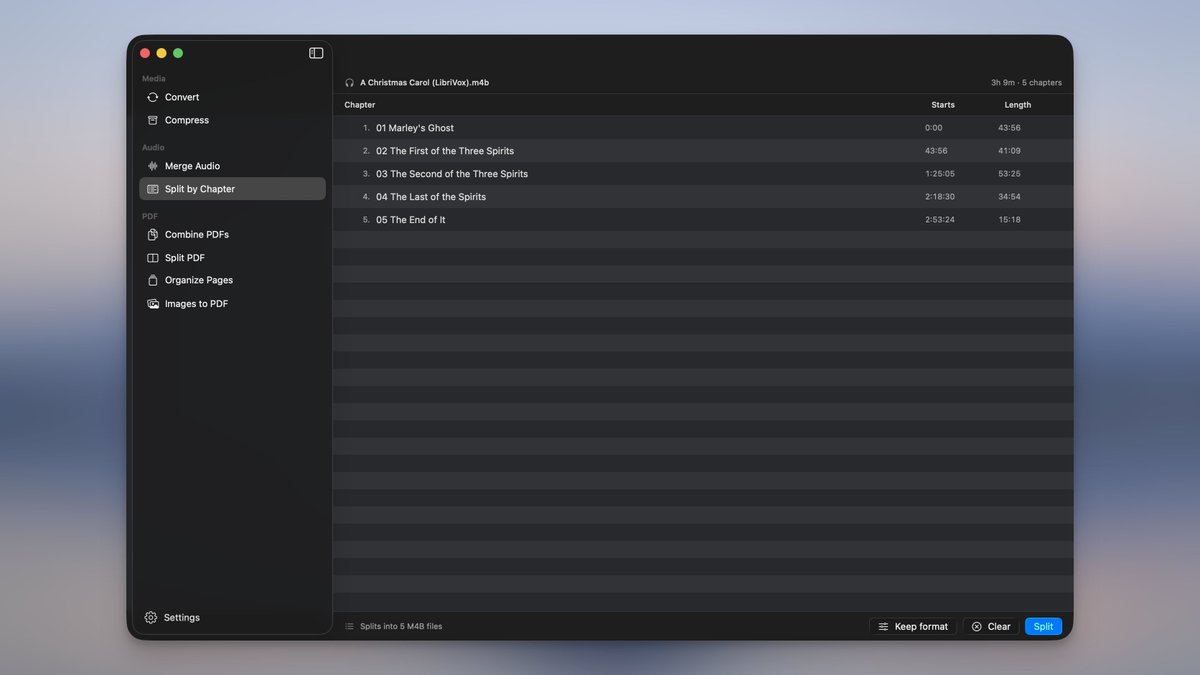 picmalapp's tweet photo. New audio tool: Split by Chapter ✨

Drop a chaptered audiobook and it breaks it into separate files — one per chapter.

Each file gets named and tagged automatically. Keep the original format or convert on the go. https://t.co/eFpyqIaL5w