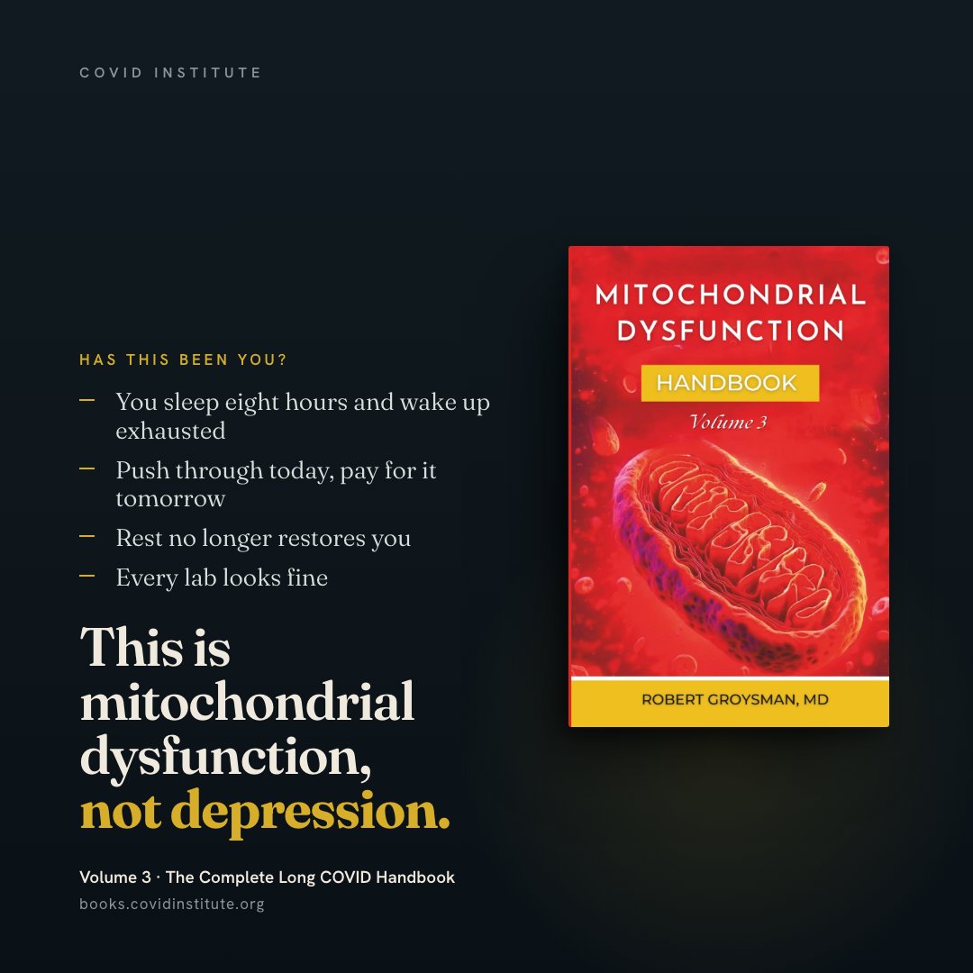 Covid_institute's tweet photo. You sleep eight hours and wake up exhausted. Push through today, pay for it tomorrow.

That is mitochondrial dysfunction, your cells struggling to make energy. Volume 3 explains why rest stopped working: https://t.co/xTTtjBKoAf https://t.co/wmvFcVIOLg