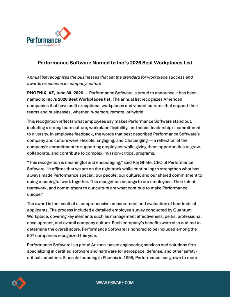 PSWcorp's tweet photo. 📰 NEWS

We’re proud to share that Performance Software has been named to Inc.’s 2026 Best Workplaces list!
This recognition reflects what makes Performance special: our people, our culture, and our commitment to creating a workplace that is flexible, engaging, and challenging.

Thank you to our employees for the teamwork, talent, and dedication that continue to make Performance a place where meaningful work happens every day.

Read the full announcement on our website: https://t.co/Zin1BESo0b

#IncBestWorkplaces #BestWorkplaces #PerformanceSoftware