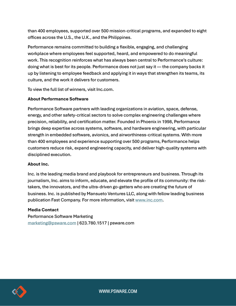 PSWcorp's tweet photo. 📰 NEWS

We’re proud to share that Performance Software has been named to Inc.’s 2026 Best Workplaces list!
This recognition reflects what makes Performance special: our people, our culture, and our commitment to creating a workplace that is flexible, engaging, and challenging.

Thank you to our employees for the teamwork, talent, and dedication that continue to make Performance a place where meaningful work happens every day.

Read the full announcement on our website: https://t.co/Zin1BESo0b

#IncBestWorkplaces #BestWorkplaces #PerformanceSoftware