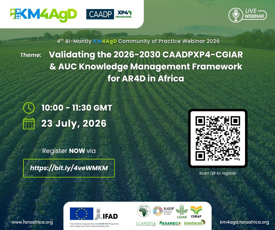 FARAinfo's tweet photo. Help shape Africa's next #KnowledgeManagement Framework!

Join the 4th #KM4AgD CoP Webinar to validate the 2026–2030 CAADP XP4–CGIAR &amp; AUC KM Framework for AR4D in Africa.

📅 23 July 2026
🕙 10:00 GMT

Kindly Register via 🔗 https://t.co/68S1Yb27m3

#KnowledgeFramework #CAADP https://t.co/Lv52YwVfz1