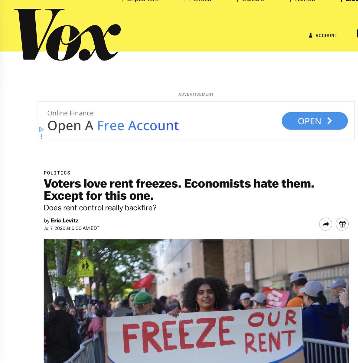 CliffordAsness's tweet photo. Wow. After much effort Vox found one (their word) economist who doesn’t hate rent control. I take everything back. https://t.co/zR4LVHpSx3