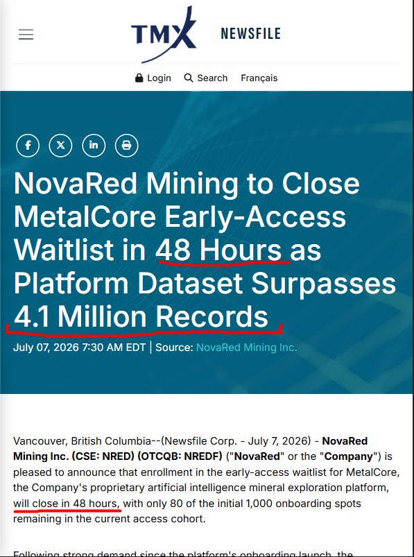 NaniPravee37143's tweet photo. Small-cap tech-metals crowd, this is why I’m long NovaRed Mining CSE $NRED.

MetalCore gives NovaRed a story that can scale beyond one headline. The platform is already being built around 4.1M+records across Canada and the US, with major buckets in geochemistry, oil and gas wells, deposits, geothermal, mining claims, BC mineral titles, BC MINFILE, satellite and geophysical data.

That means MetalCore is not only reading a single project. It is being designed as a broader exploration intelligence system.

Then Wilmac becomes the live example.

At Wilmac, MetalCore connected 10 occurrences, 19 assessment reports, 38 geochemical samples and aeromagnetics into target generation. It highlighted copper-gold-platinum potential, including the 1,125 ppm copper-in-soil anomaly and platinum group element signals across the claims.

The platform is 92% filled for early access.

That’s why I’m staying with $NRED.

Always consult a qualified professional before making important decisions.

$AXTI $MU $MXL $YSS