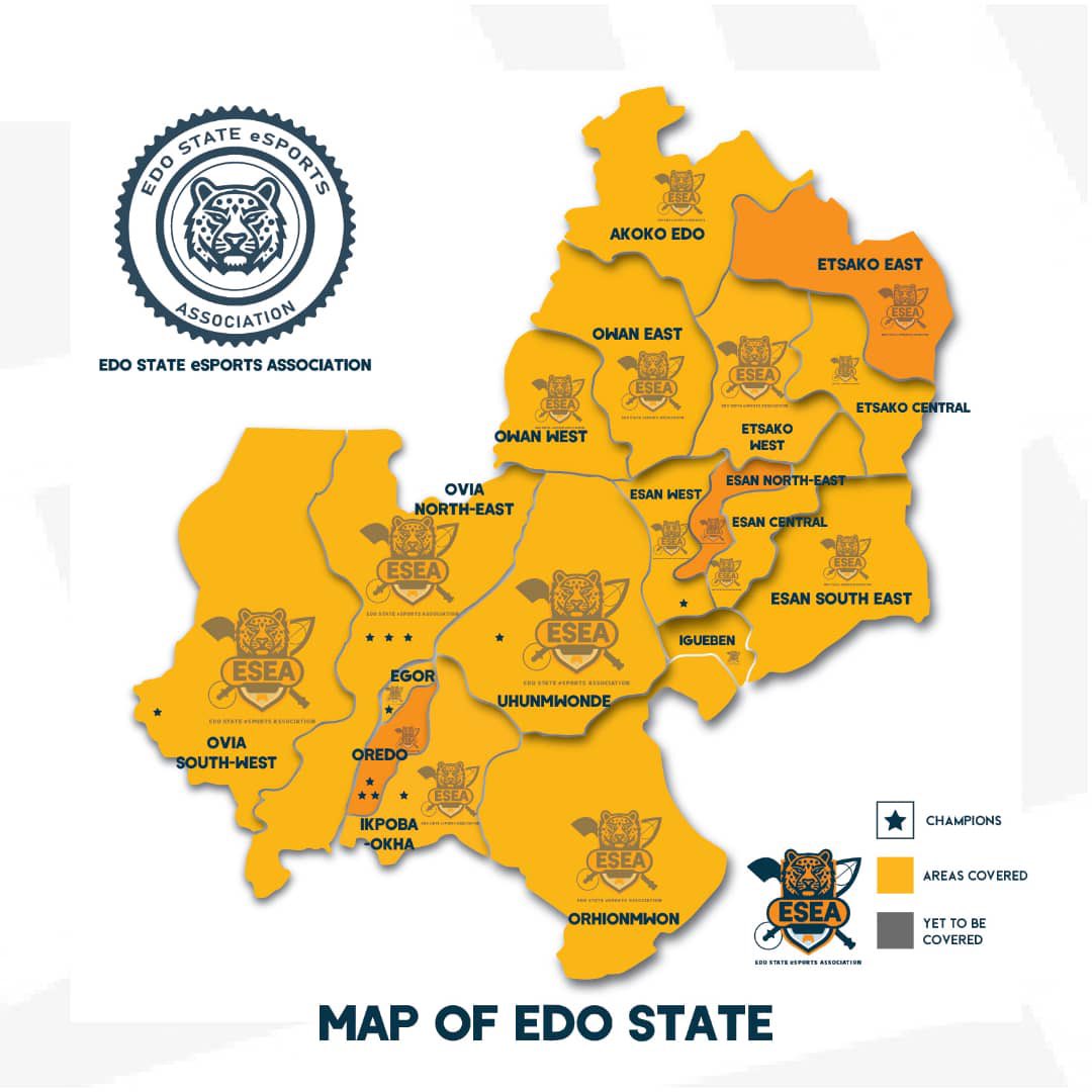 Esports_Edo's tweet photo. From Benin City to communities across Edo State, ESEA is building a statewide esports movement. 🎮🐆

⭐ on the map marks the LGAs that have already produced ESEA champions—a reminder that talent exists across our state.

One State. One Vision. Endless Possibilities. #esports https://t.co/DbS0Kwm6Sg