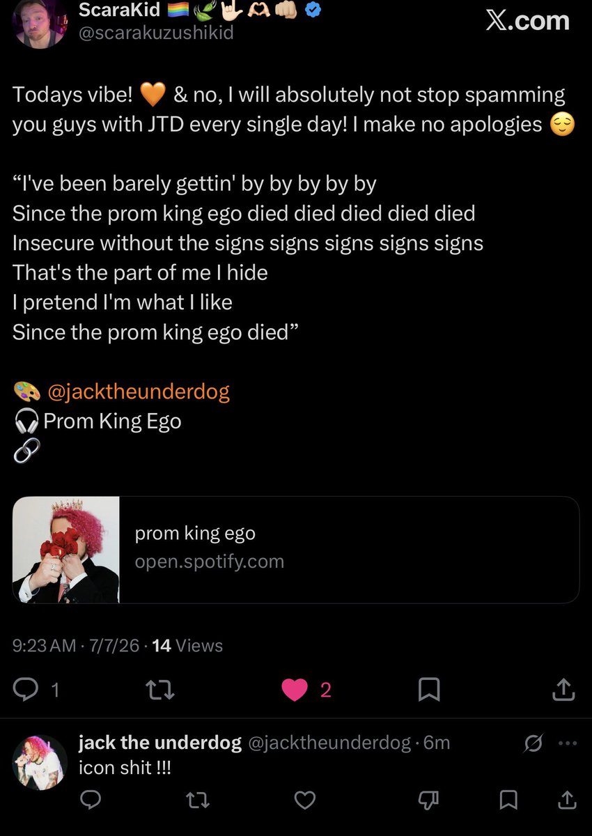 godimophantom's tweet photo. So…..you know like, when someone really cool; like cooler than you, likes and comments on something you posted but then just keeps doing it…🥹
For the foreseeable future, yall can’t tell me SHIT! 😅🥰👏🏻
#biggestfan #swemo #alt #IndieArtists #sharehismusic https://t.co/TXYWGAhNux