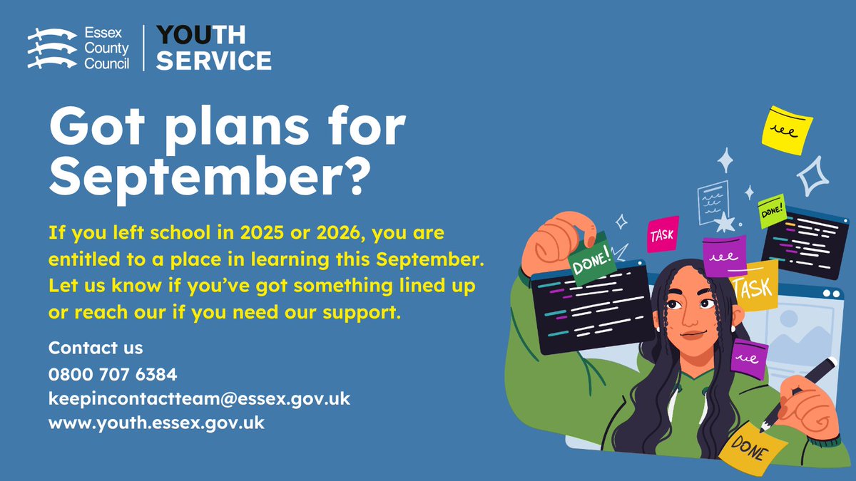 YouthEssex's tweet photo. Looking for a place in education or training this September? π
Know a young person aged 16 to 18 who left school in 2025 or 2026? Our Employability and Skills team can help.
0800 707 6384 π
keepincontactteam@essex.gov.uk π§
Or visit https://t.co/yAspjYFnTF
#NextSteps https://t.co/JJGbu7JhEq