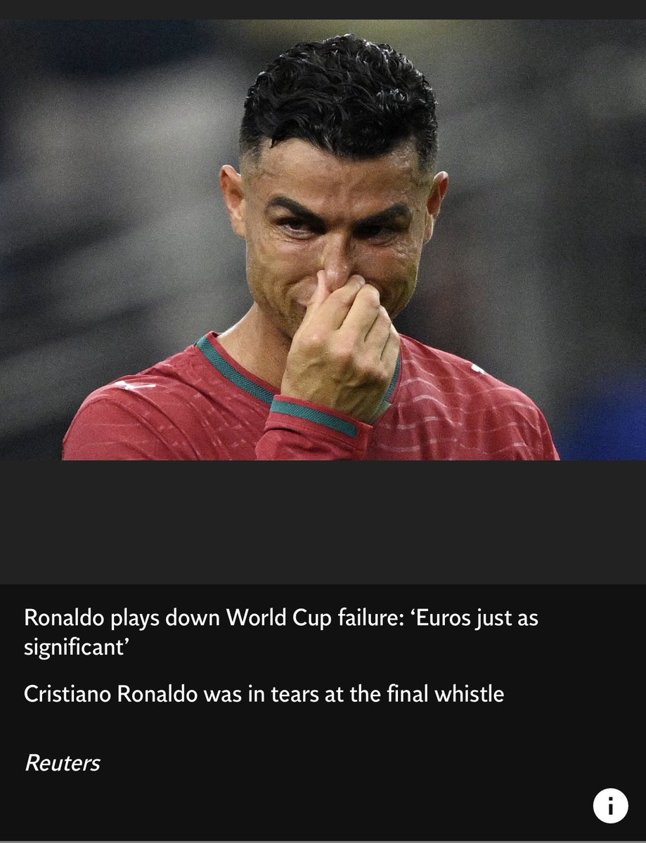 cryptobasenji's tweet photo. Did Ronaldo cry at the World Cup?🐾

Polymarket says 17%. The professional reporters who were in the stadium say otherwise.

The rule: resolves YES if he “visibly sheds tears that can be clearly observed on his face.”

ESPN, CNN: “tears in his eyes as he walked around the pitch.”

Reuters captioned the photo “in tears at the final whistle.”

Yahoo called the image of him crying an instant iconic moment of the tournament.

So the record is: every wire service and every major outlet, watching in HD, on the field, wrote that he shed tears. And a handful of NO holders zoomed into a photo, decided the tears were sweat, and are now betting that a man wiping tears from his eyes wasn’t crying. 🤭

The “it’s sweat” argument is the tell. It works against literally any crying moment ever filmed. By that logic no one has ever cried on camera, and no market like this could ever resolve YES on any evidence.

The market is titled “Will Ronaldo Cry at the World Cup?” He cried. ESPN says so. Reuters says so. Your own eyes say so.

I’m on YES, because “sheds tears clearly observed on his face” is exactly what the cameras and the reporters recorded. If this resolves NO, it won’t be because he didn’t cry. It’ll be because a few large NO holders needed him not to.