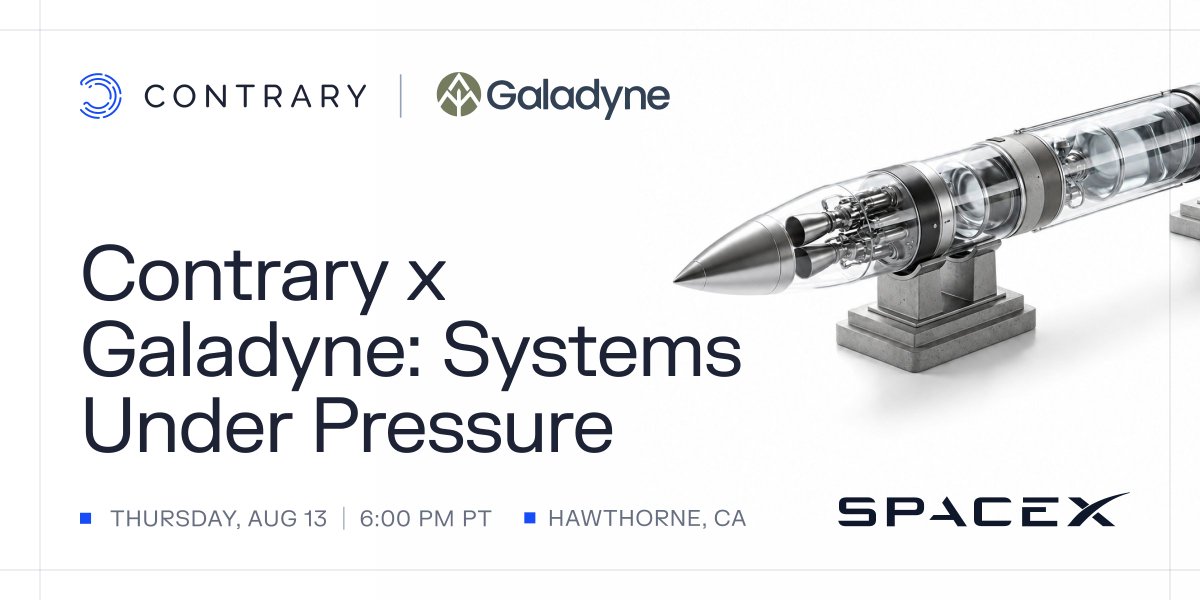_chandlerl's tweet photo. Excited to co-host an evening with @Contrary on Thursday, August 13 in Hawthorne.

I'll be joined by @kwharrison13 and Ben Miller, for an intimate conversation on building at the frontier of aerospace and defense.

If you're an engineer building in aerospace, defense, and adjacent frontier technologies, would love to see you there.
