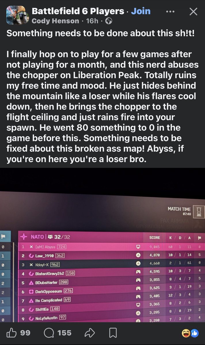 mindflexor's tweet photo. So now we got battledads mass reporting my boys to get them banned because they are farming them??? Lol #aimers #kovaks #bf6 https://t.co/tqb2BiIbeM